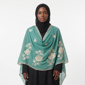 Wholesale Chiffon Shawl Floral Embroidery Beaded Scalloped Border Lightweight Breathable Soft Drape Women OEM ODM Custom - Product Image 1