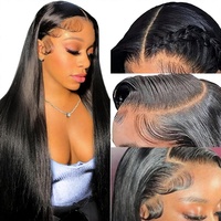 Wig Rambut Asli Wanita 13x6 Lace Front, Kepadatan 180 HD Transparan 28 Inch Lurus Pre Plucked Tanpa Lem Warna Hitam Alami