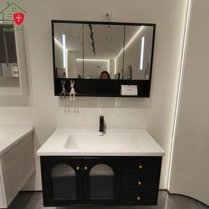 Puertas dobles de vidrio arqueado de estilo retro chino negro, encimera blanca, lavabo de cerámica, almacenamiento multi-espacio - Product Image 2