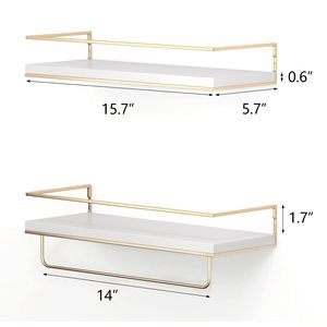 Bathroom <b>Wall</b> Mounted Shelf 2 Tier Gold Frame White Surface With Towel Bar Storage Rack For Bathroom - Product Image 3