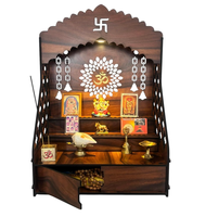 Templo Mandir de Madera Hecho a Mano y Grabado para el Hogar con Luz LED y Soporte de Pared Escalonado, Tamaño Personalizable, Base para Puja