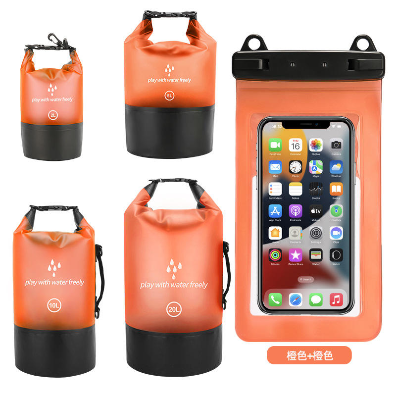 Seau étanche en PVC enduit + sacoche de téléphone en PVC givré semi-transparent à double crochet = combinaison orange + orange.