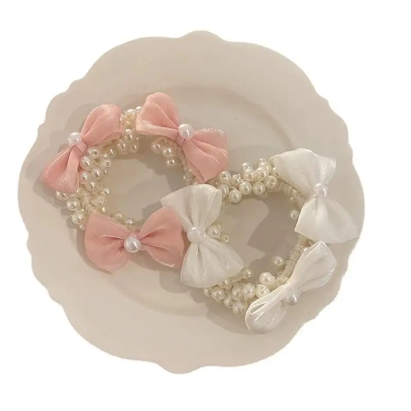 Fashion Style Ladies Summer Elegant Elastic Bow Hair Ties Cute Bow Pearl Hair Bands