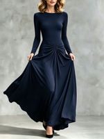 Robe longue de soirée formelle pour femme à manches longues, col rond, taille torsadée, froncée devant, coupe évasée fluide