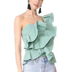 Huilin Fabrik Großhandel benutzer definierte Sommer Damen Tops Bluse Rüschen eine Schulter Plaid Shirt Frauen sexy rücken freie Bluse Top