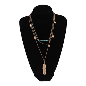 Gioielli alla moda turchese perline piuma paillettes oro e argento placcato multistrato collana - Product Image 5