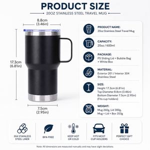 Custom logo 20oz Stainless Steel <b>Travel</b> Coffee <b>Mug</b> <b>with</b> <b>Handle</b> Powder Coated Double Wall Insulated Tumbler <b>with</b> <b>Handle</b> - Product Image 2