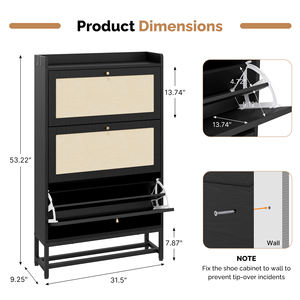 Meuble à chaussures modulaire en bois noir moderne, gain de place, avec portes à panneaux en maille, étagères réglables à deux positions, amovibles, salle à manger - Product Image 6