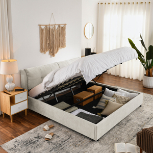 Lit capitonné sur mesure King Size avec design capitonné et système de levage à gaz, lit carré avec rangement - Product Image 3