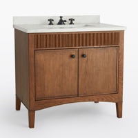 Meuble-lavabo de salle de bain en chêne massif cannelé de style Mid-Century avec plan de travail en marbre de Carrare, lavabo en céramique à encastrer, portes à fermeture douce