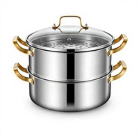 Marmite vapeur à 2 niveaux en acier inoxydable 304 avec logo personnalisé, cuiseur vapeur à induction 3 couches avec couvercle en verre pour cuisine commerciale et fournitures de restauration