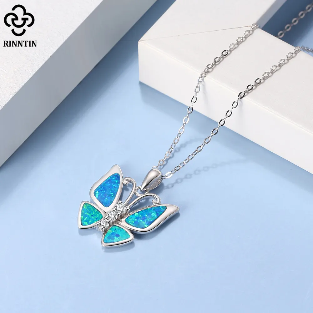 RINNTIN SSN335 Custom Mariposa Butterfly Necklace Jewelry 925 Sterling Silver Opal Butterfly Necklace Pendant Women