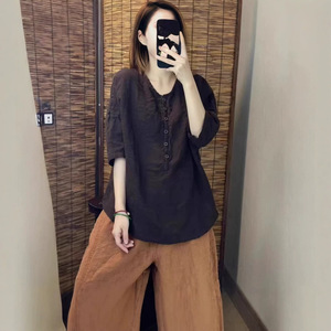 Green Cotton Linen Short Sleeve <b>Blouse</b> Loose Fit Round Neck Women's Shirt Everyday Wear Simple Style Solid Color Top - Product Image 5