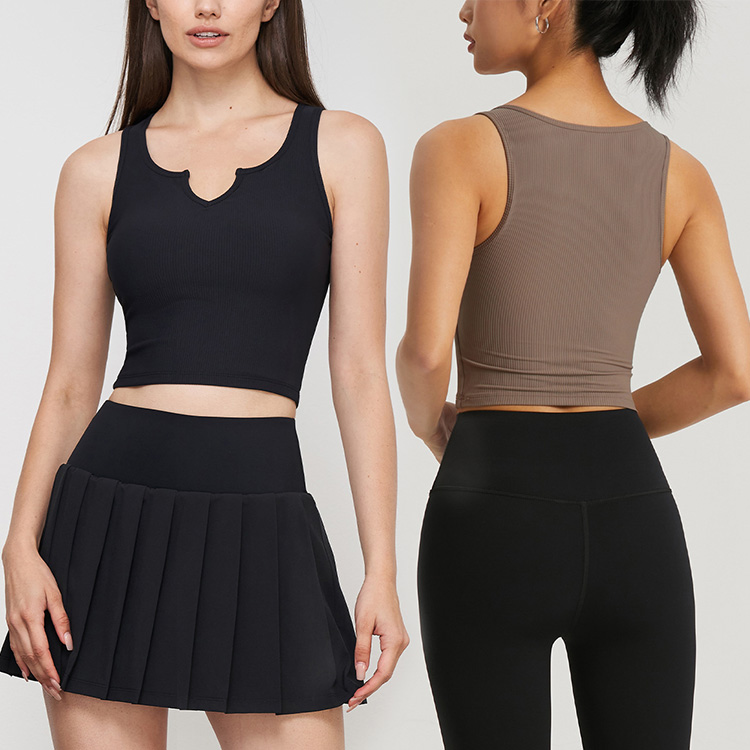 Custom V Neck Ribbed Sleeveless Padded Crop Top Women Workout Vest Tank Tops Yoga Bra