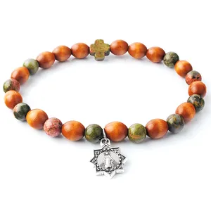 Perles en bois ovales avec pierres précieuses 6x8mm, nouveau bracelet à breloques, avec pendentif de la vierge marie, pierres précieuses croix, petite chapelet