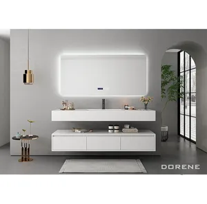 2023 Dorene สีขาวหินอาร์ตเดโคลอยตู้โต๊ะเครื่องแป้งห้องน้ำที่มีกระจก Led ตู้ห้องน้ำโต๊ะเครื่องแป้งที่ทันสมัย