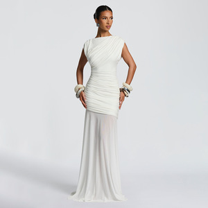 Vestido largo asimétrico sin mangas con cintura natural, plisado, con capas transparentes y ajustado al cuerpo para el tiempo libre. - Product Image 4