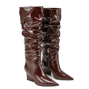 Wide Fit Women's Piled Pleated Upper Knee High <b>Boots</b> Ladies Chunky High Wedge Heels Shoes Big Size 45 Side Zipper Long Booties - Product Image 6