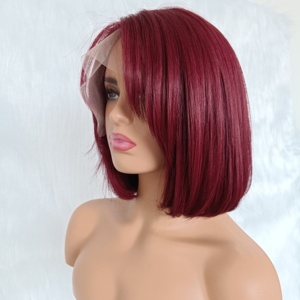 Base de soie haut Pixie court Bob perruques 99J bourgogne 530 cheveux humains bruts Bob perruques dentelle frontale perruque de cheveux humains - Product Image 1
