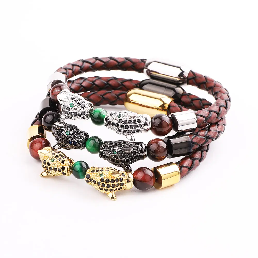 Bracelet Men Stone High Quality Custom Logo Stainless Steel Magnet Clasp Tiger Eye Stone CZ Leopard Charm Vintage Genuine Leather Bracelet Men