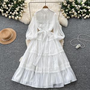 Vestido Maxi Retro Estilo Corte Francés 2026 para Mujer con Cuello Alto, Encaje Calado y Flores, Cintura Natural - Product Image 5