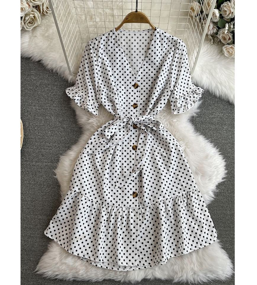 chinese dress ladies Ieena for Mac Duggal - White Polka Dot Tulle A-Line Midi Dress