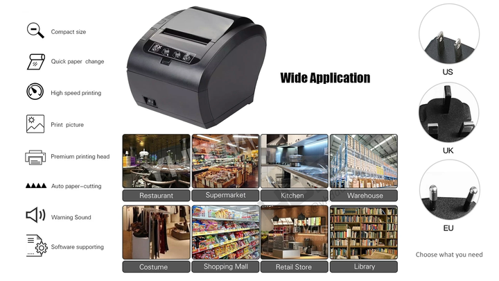 ACLAS 80 mm kwitantieprinter, thermoprinter, bonprinter met ESC/POS voor kassalade (150 mm/s, USB D9 seriële poort