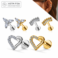 Anting Titanium G23 Bentuk Hati Teardrop Lengkung dengan CZ, Ulir Dalam, Flat Back Stud 16G untuk Helix, Tragus, Cartilage, dan Piercing Bibir