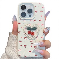 Coque de téléphone en silicone Weview Ins style coréen avec motif litchi et nœud cerise pour iPhone 16 15 14 Pro Max avec couverture cerise brodée
