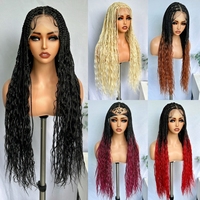 Perruques Tressées Pleine Dentelle Bohème 32 Pouces Ombre Bordeaux, Tresses Carrées Faites à la Main avec Boucles Boho
