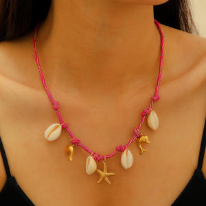 Collier tendance de style bohème pour les <span class=keywords><strong>vacances</strong></span>, plaqué or, pierre de naissance de <span class=keywords><strong>juillet</strong></span>, coquille de cerise, étoile de mer, nœud de fleurs, pendentif à glands - Product Image 6