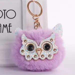 Porte-clés hibou en diamant pour femme, accessoire de mode, porte-clés avec pendentif boule, fourrure, vente en gros, 2020