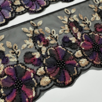 Vente en gros de dentelle brodée florale à paillettes et perles pour Abaya, Kartaf et vêtements modestes malaisiens, décoration de robes
