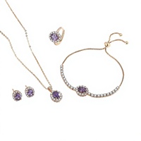 Parure de bijoux XOXO en laiton plaqué or rose avec zircon et pierre violette, collier, boucles d'oreilles, bague et bracelet pour femme, idéale pour mariage et soirée