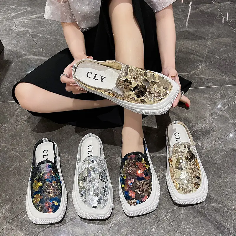 Go Party Latest Design Women Casual Shoes Close Toe Sandals Mesh Breathable Color Sequins Flat Sandals Slip-On Slippers Shoes