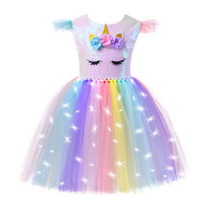 Costumes d'Halloween, robe de princesse licorne à lumière LED pour fête d'anniversaire de bébé fille, robe tutu arc-en-ciel à paillettes de haute qualité - Product Image 2