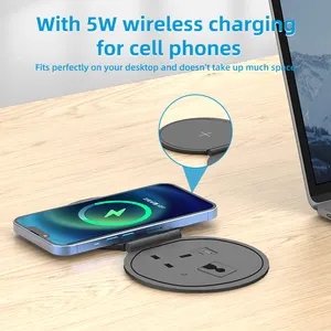 All In 1 80mm Round Grommet Office Furniture UK Desk Power Socket With USB C Top Wireless Charging Cover For Home Office