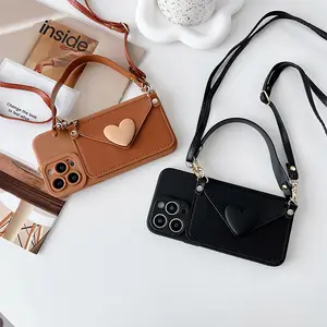 Tình Yêu Trái Tim TPU PU Da Crossbody Trường Hợp Điện Thoại Với Ví Cho Iphone 14 13 12 11 X XS Pro