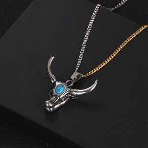 <b>Titanium</b> Steel Yak Head Pendant With Turquoise Inlay Bull Horn Charm For Men SP903 - Product Image 3
