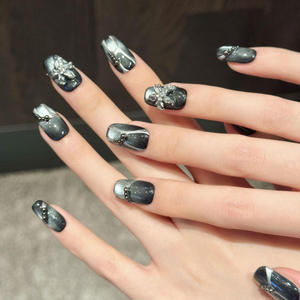 Uñas postizas francesas cuadradas cortas negras <span class=keywords><strong>con</strong></span> efecto ojo de gato, <span class=keywords><strong>con</strong></span> flores 3D talladas a mano, diseño avanzado de líneas, purpurina y pedrería, a granel. - Product Image 6