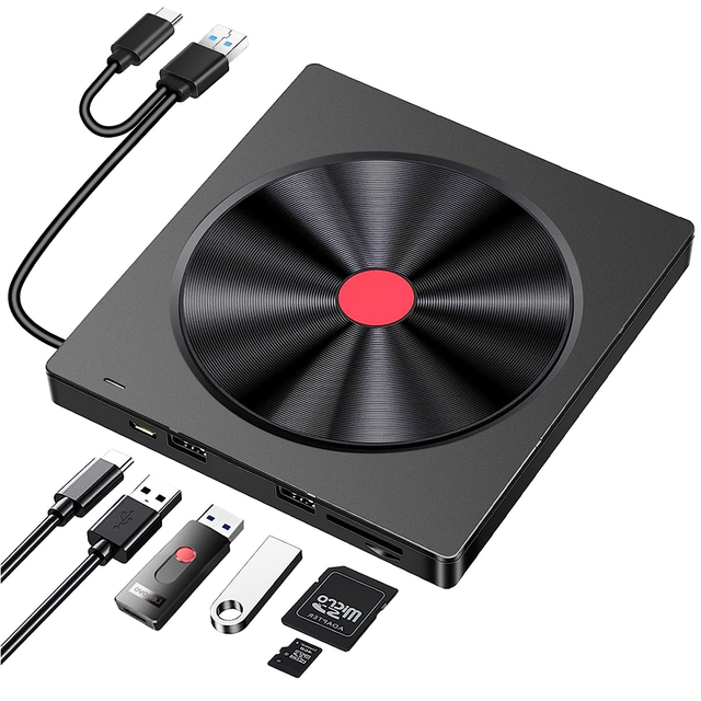 Latest 5-in-1 External Optical Drive with HUB and USB Flash Disk PlayerSD/TF Card Reader DVD CD burner for Laptop Windows11