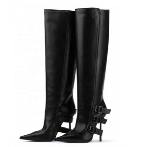 Big Size 44 Women's Back Metal Buckles <b>Long</b> Boots Slim High-Heeled Pointed Toe Knee High Booties Straight Upper on Shoes - Product Image 3