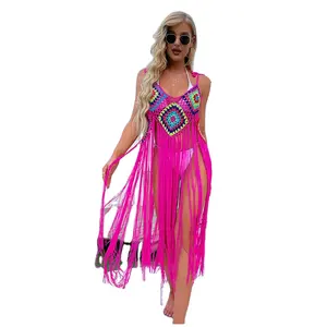 Women Boho Crochet Swim Cover Up Boho Cover Up Hollow Fringe Beach Dress Women Bathing Suits Beachwear Tunics Skirt 2024