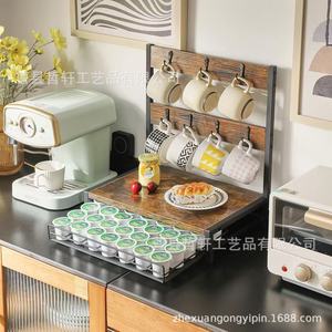 Wooden Coffee Capsule Storage Rack 3 Tier With Mug Hanger And Drawer For <b>Kitchen</b> Counter Use - Product Image 2