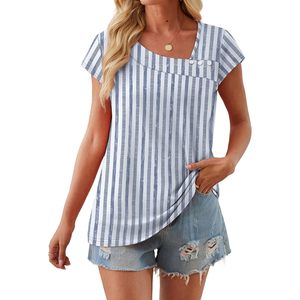 FOXA Blouse rayée à manches courtes pour femme, col carré, en popeline respirante, haut décontracté, tenue d'été - Product Image 3