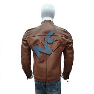 Nabtay Sports Men's Brown Leather Moto <b>Jacket</b> Stand Collar Zipper Front <b>Slim</b> <b>Fit</b> Solid Color Autumn Wear 140g - Product Image 2
