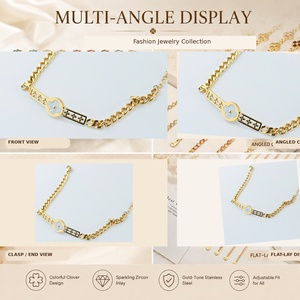 สร้อยข้อมือสแตนเลสประดับเพทายสีทองสำหรับผู้หญิง ปรับขนาดได้ พร้อมจี้หลากสี ของขวัญเครื่องประดับ - Product Image 3