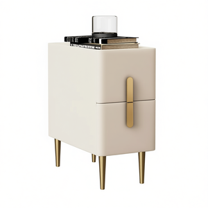 Table de chevet moderne beige avec 2 tiroirs, pieds dorés, plateau en cuir, meubles de chambre à coucher - Product Image 1