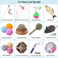 Ensemble de jouets pour chat mignon - Pack varié de 3 à 12 pièces avec pointeur laser, baguette à plumes et toupie (bois et plastique) pour chatons et chats adultes