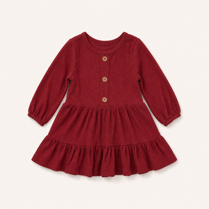 <span class=keywords><strong>Robe</strong></span> en tricot côtelé unie pour fillettes, col rond, boutonnée sur le devant, manches longues bouffantes, ourlet à volants, tenue décontractée pour enfants, collection automne-hiver, vente en gros - Product Image 2